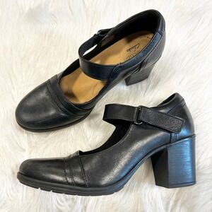 Clarks Women Black Leather Mary Jane Block Heel Shoes US 8.5 EU 39.5